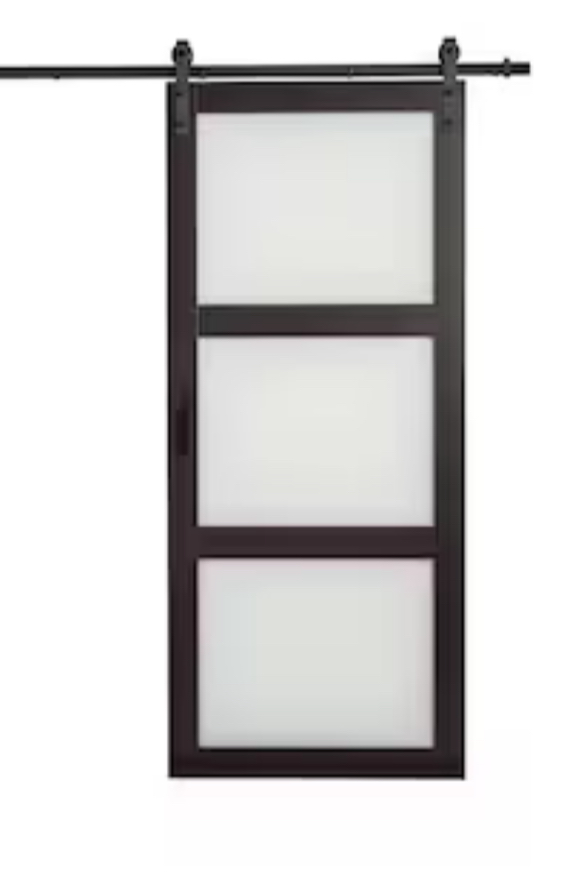 36 in. x 84 in. Espresso 3-Lite Frosted Glass MDF Wood Sliding Barn Door with Hardware