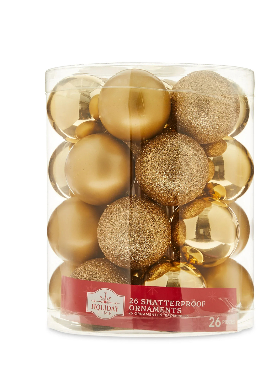 60mm Metallic Gold Round Shatterproof Ball Ornament, 26 Count, by Holiday Time