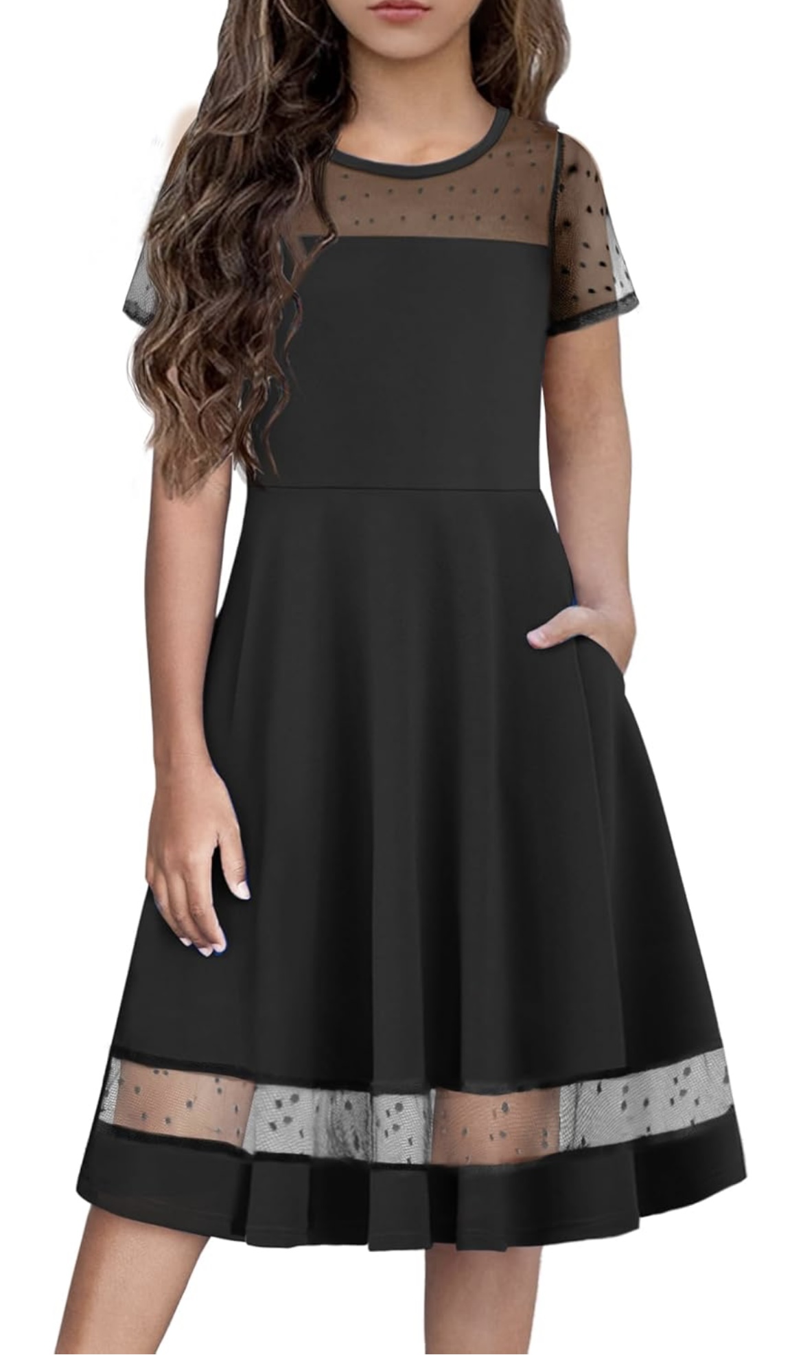 Arshiner Tween Girls Dress Formal Contrast Mesh Short Sleeve A Line Party Dresses with Pockets for 5-12 Years