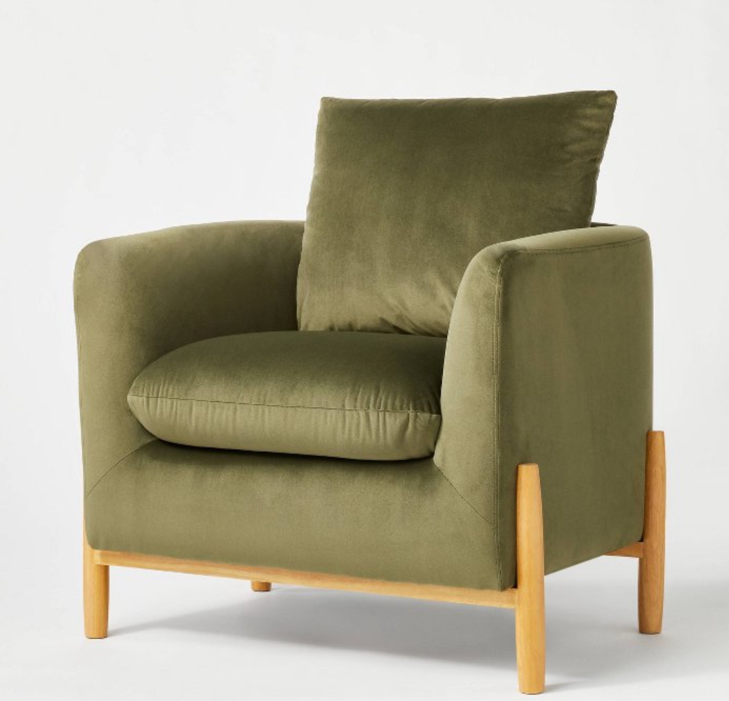 Elroy Accent Chair with Wooden Legs Olive Green Velvet - Threshold™ designed with Studio McGee: Polyester Upholstery, Plywood Frame