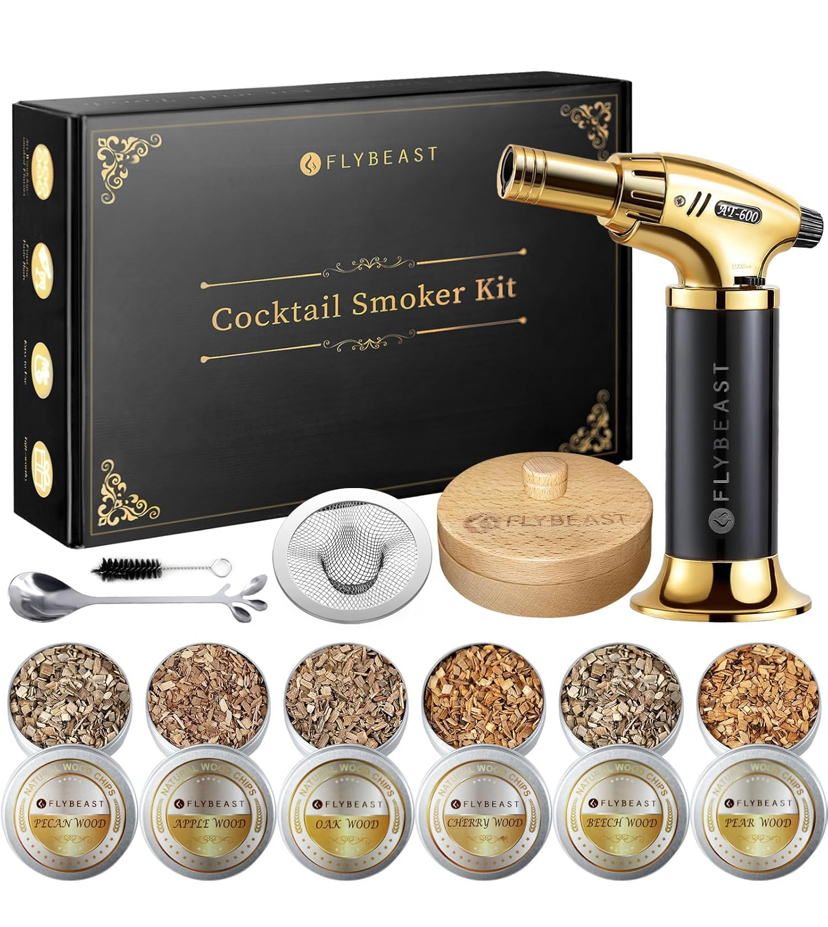 Flybeast Cocktail Smoker Kit with Torch,6 Flavors of Wood Chips for Whiskey Bourbon Infuse Smoked Drink,Old Fashionable Birthday Gifts for Men, Husband, Dad and Boyfriend