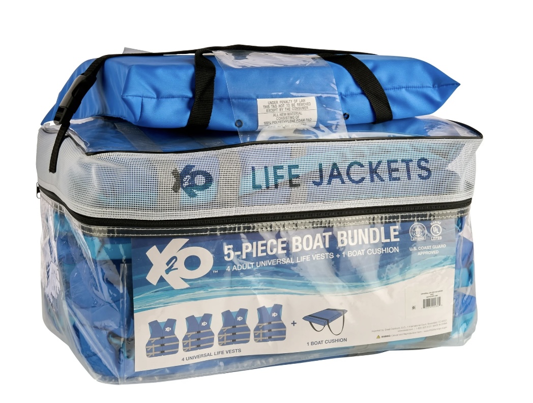 X20, 5-Pack Boat Bundle: Universal Life Jacket 4-Pack Plus Throwable Boat Cushion in Blue, Unisex