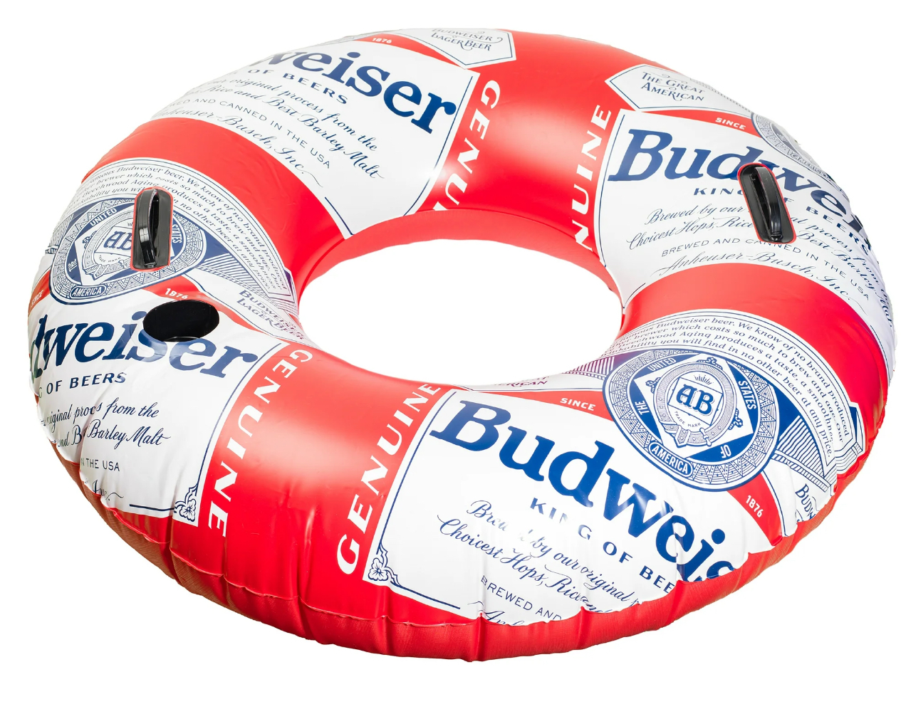 Budweiser Inflatable Swim Tube Adult Ring Float for Pools Rivers Lakes, Built-in Handles and Cup Holder