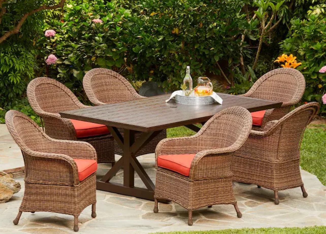 allen + roth Villamore 7-Piece Brown Wicker Patio Dining Set with Red Olefin Cushions