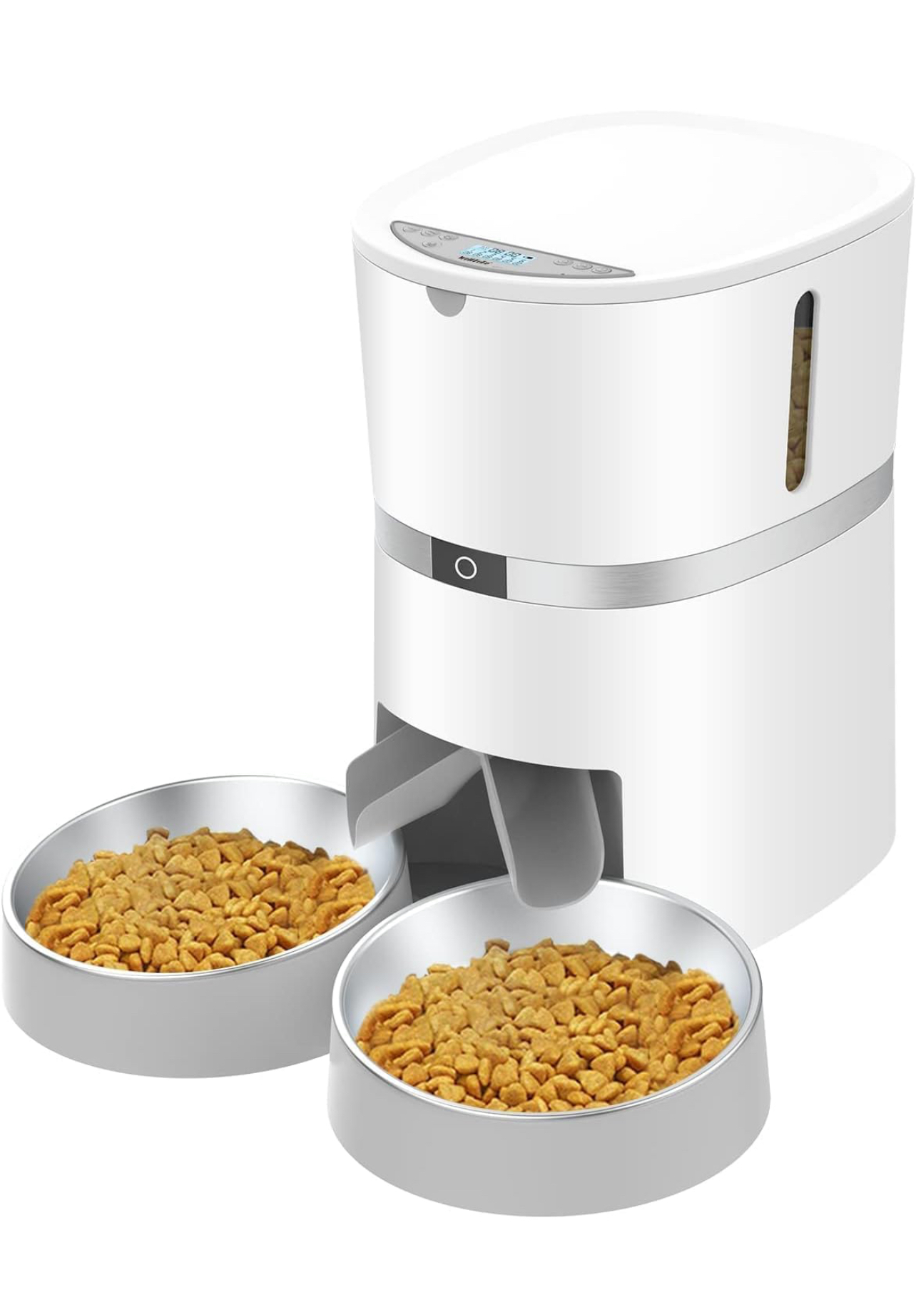 Automatic Cat Feeder, WellToBe Pet Feeder Food Dispenser for Cat & Small Dog with Two-Way Splitter and Double Bowls, up to 6 Meals with Portion Control, Voice Recorder - Battery and Plug-in Power