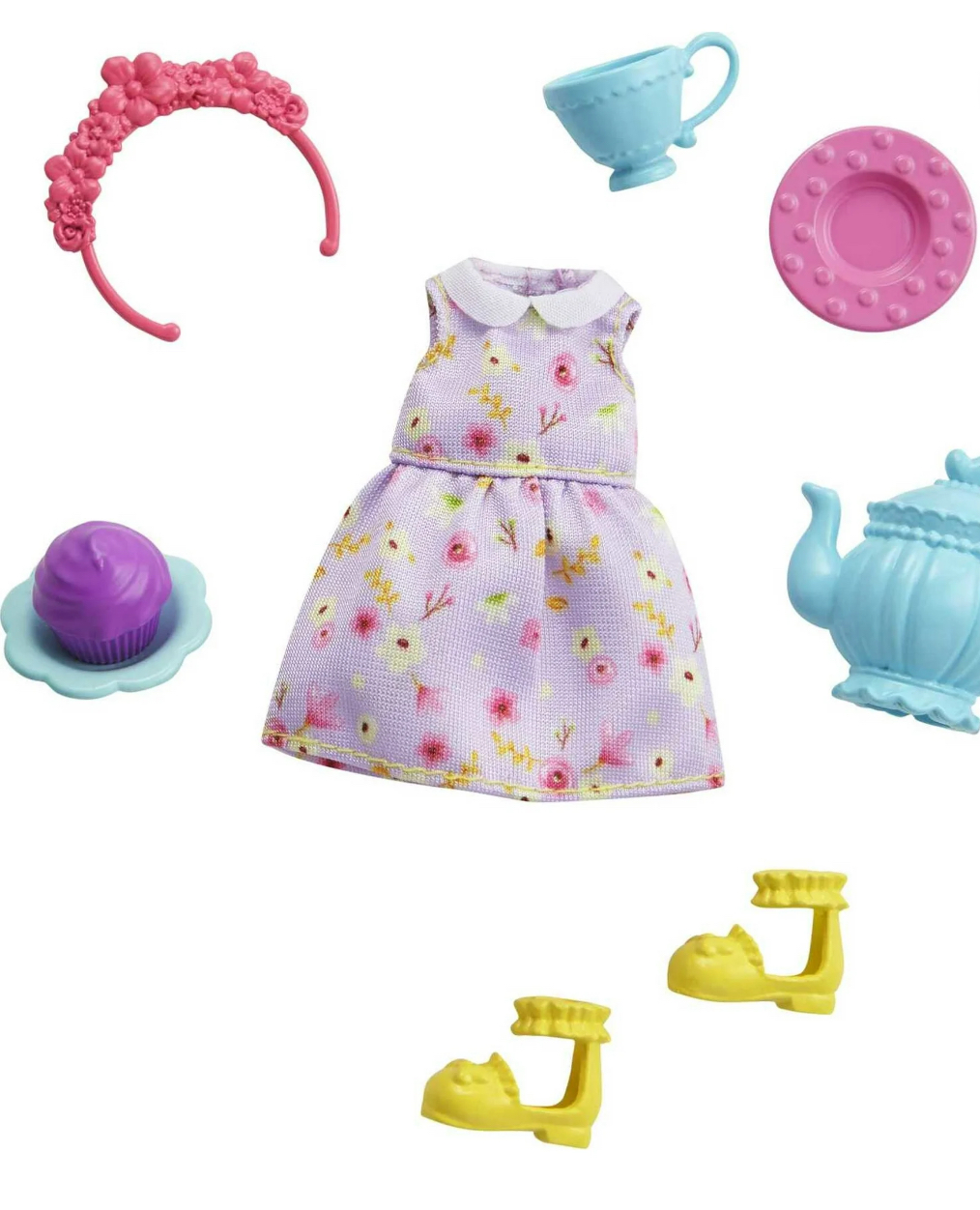 Barbie Chelsea Accessory Pack, Tea Party Theme, Purple Floral Dress, Shoes & 5 Storytelling Pieces