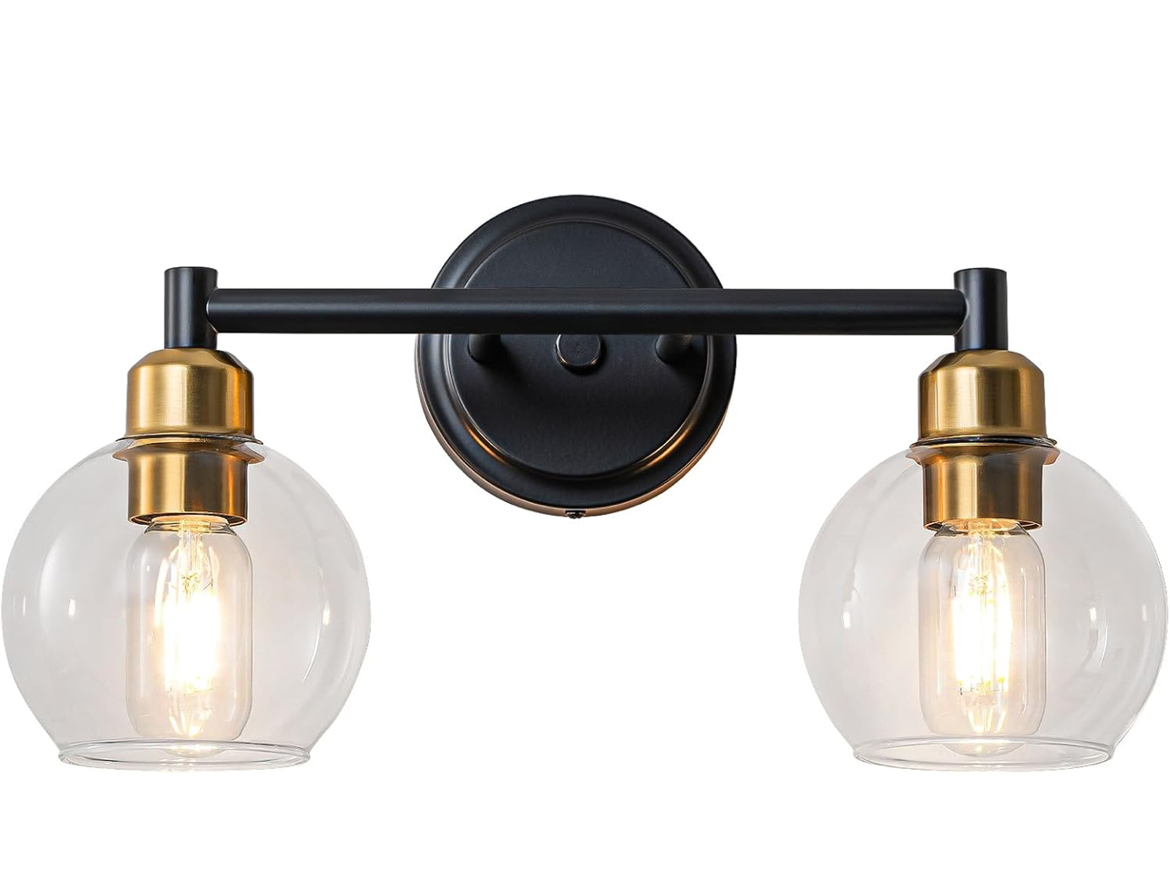 Bathroom Light Fixtures, 2-Light Modern Bathroom Vanity Light, Black and Gold Wall Sconce with Clear Glass Globe Shades, Adjustable Brightness Wall Lights for Kitchen, Bedroom, Hallway, Living Room