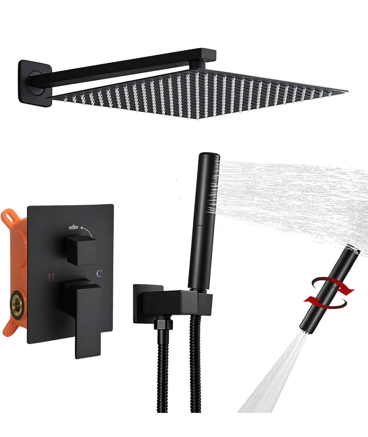 BESy Shower System with 12 Inch Rain Shower Head and Handheld Wall Mounted, High Pressure Rainfall Shower Faucet Fixture Combo Set with 2 in 1 Handheld Showerhead for Bathroom, Matte Black