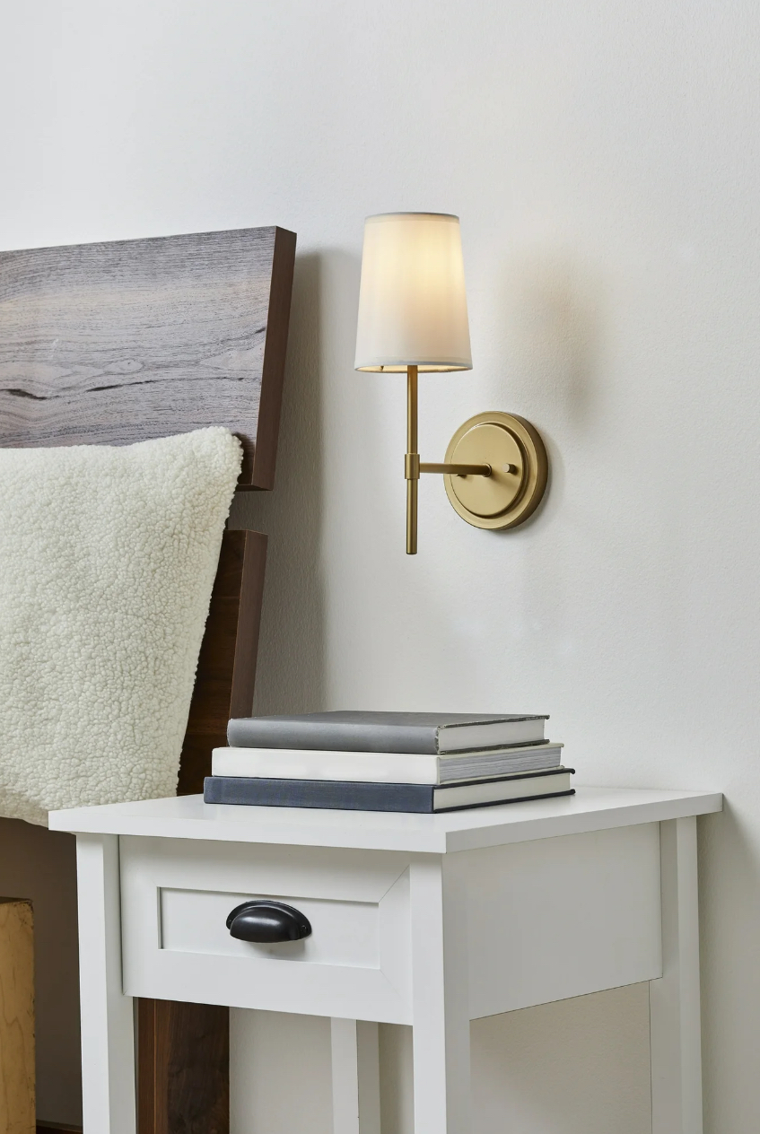 Better Homes & Gardens 1 Light Wall Sconce, Burnished Brass,White Fabric Shade,