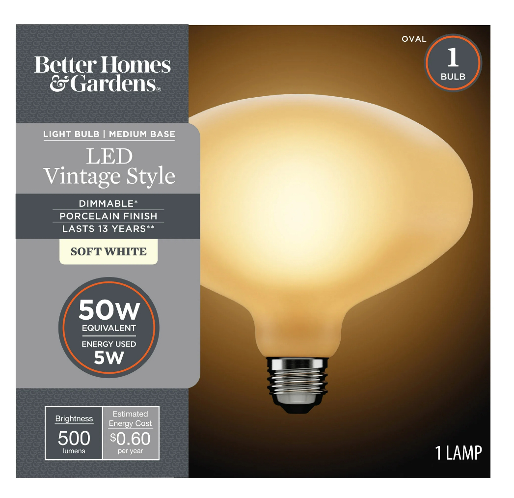 Better Homes & Gardens Oversized LED Vintage Light Bulb Oval 50 Watts Soft White Porcelain, E26, Dimmable
