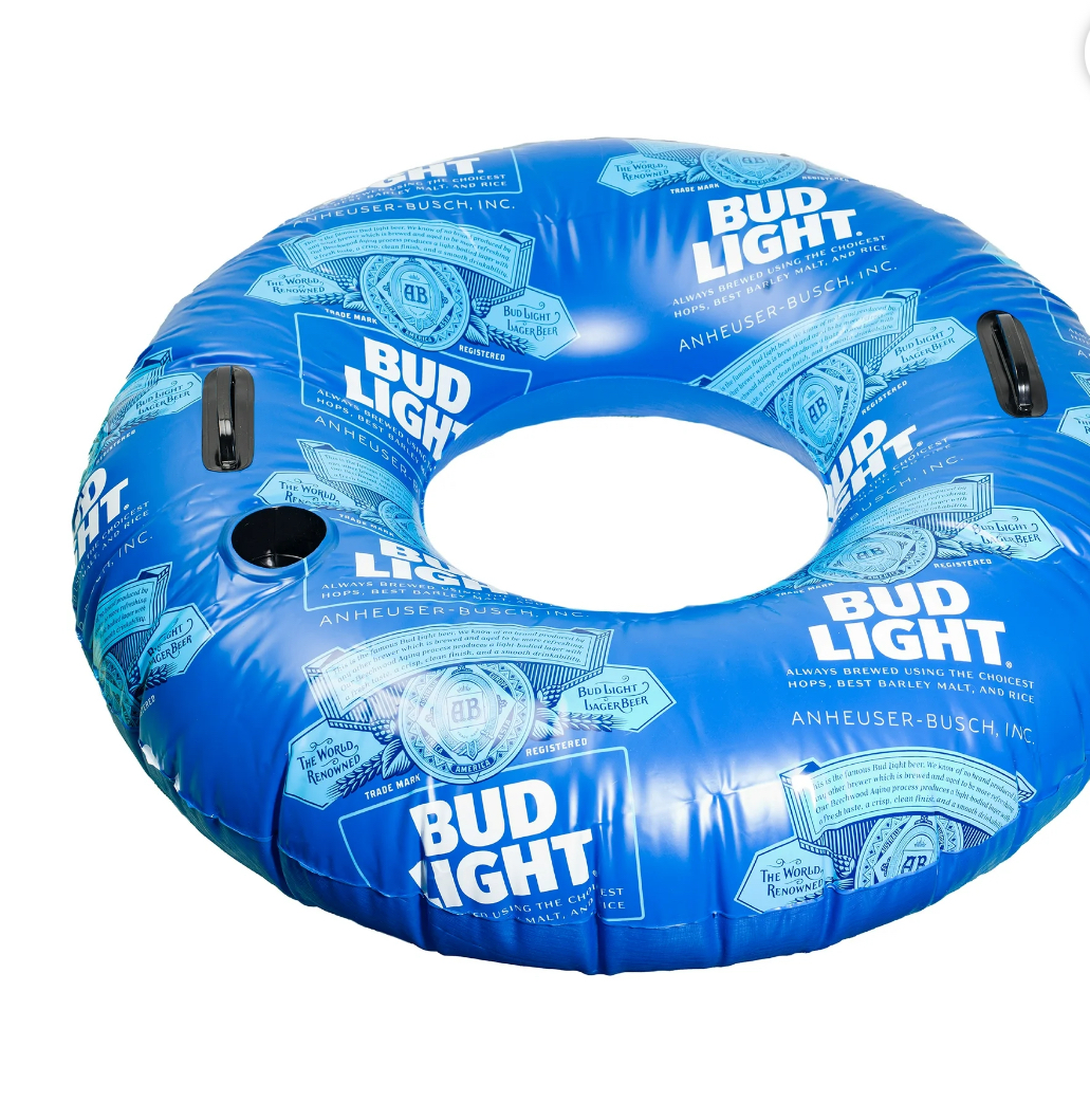 Bud Light Inflatable Swim Tube Adult Ring Float for Pools Rivers Lakes, Built-in Handles and Cup Holder