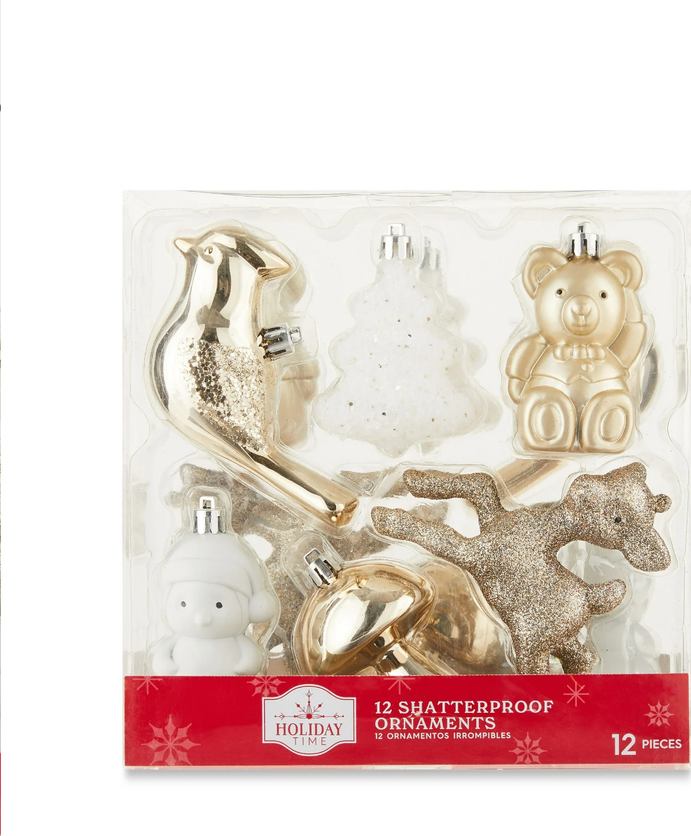Champagne & White Winter Icon Shatterproof Christmas Ornaments, 12 Count, by Holiday Time
