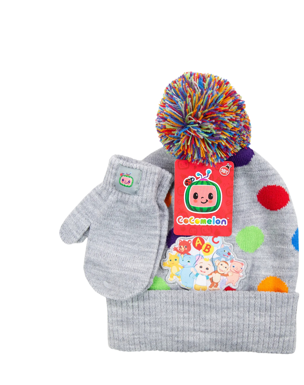 Cocomelon Brand Girls 2-Piece Child Beanie Style Grey Hat & Mittens Set