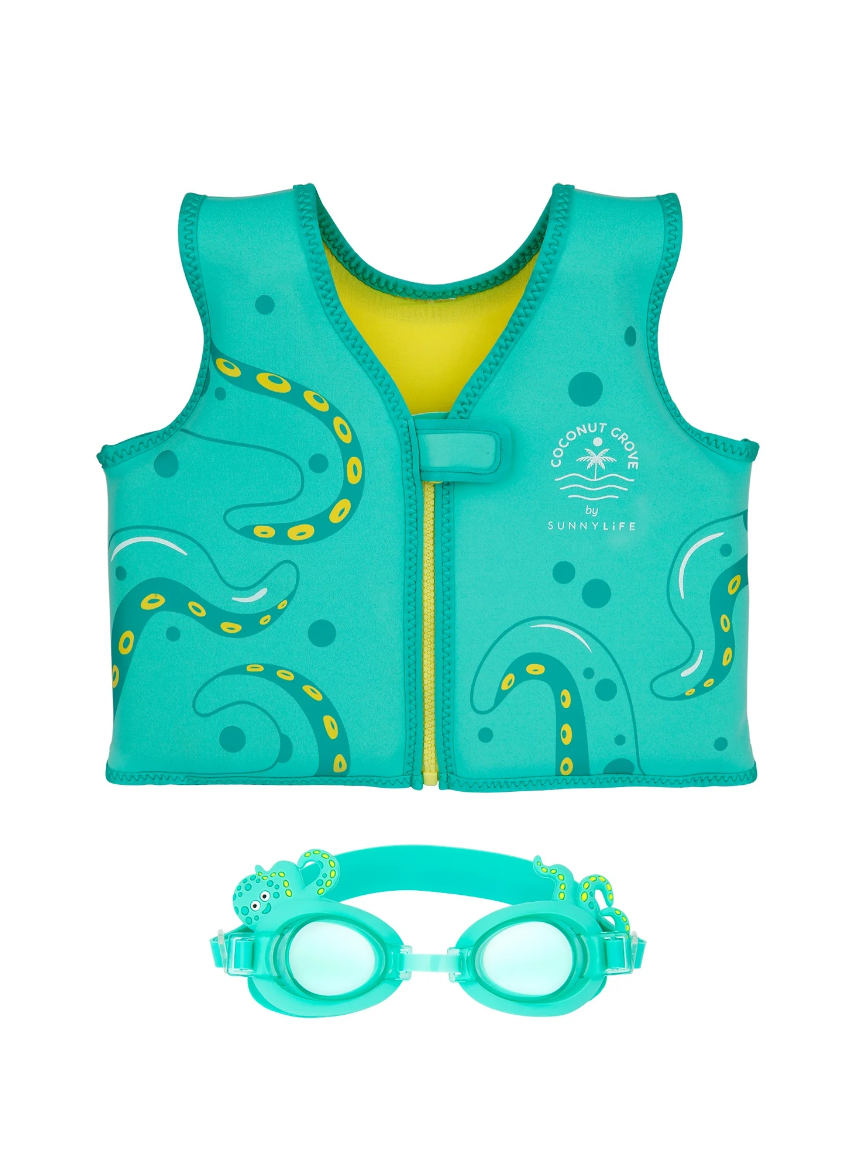 Coconut Grove by Sunnylife -Kids, Unisex Swim Float Vest & Goggles Set Oscar the Octopus, Green-Age 2-3 Years