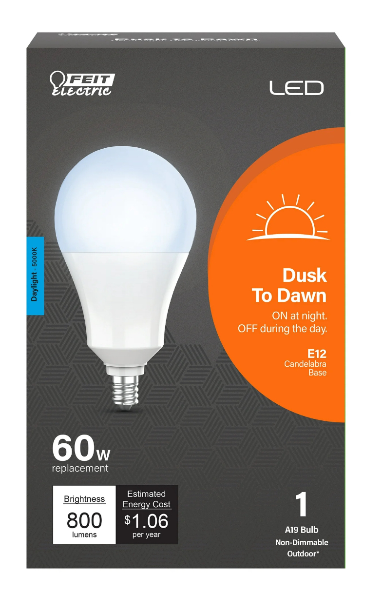 Feit Electric Intellibulb LED 8.8W (60W Equivalent) Dusk to Dawn Light A19 Bulb, E12 Base, Dimmable