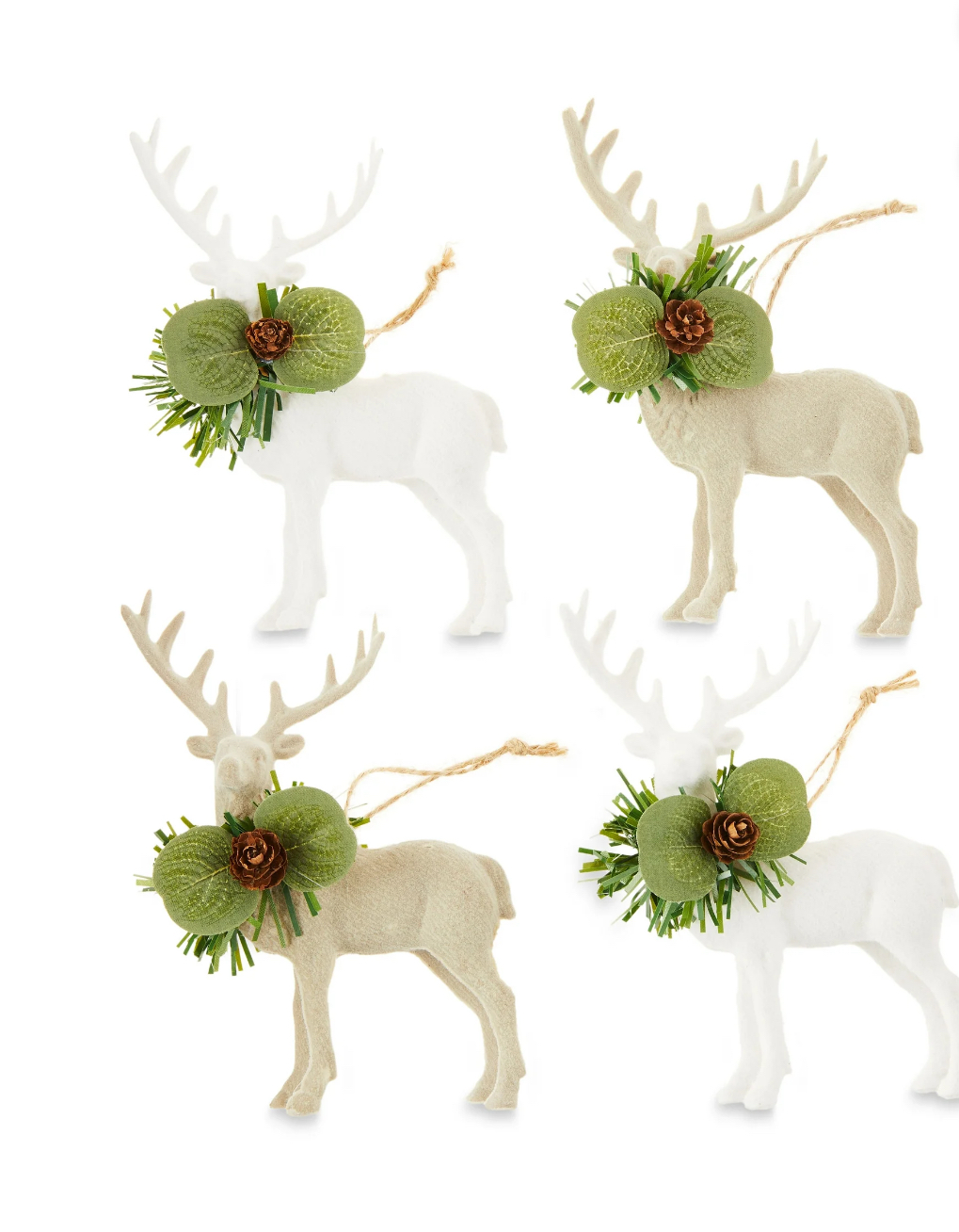 Festive Fireside Fine Flocking White and Brown Deer Ornament Set, 4 Count, by Holiday Time