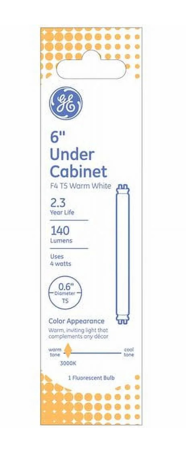 GE Fluorescent Under Cabinet Tube Light, 4 Watt, Warm White, F4 T5 Tube Light, 6 inches, 1pk