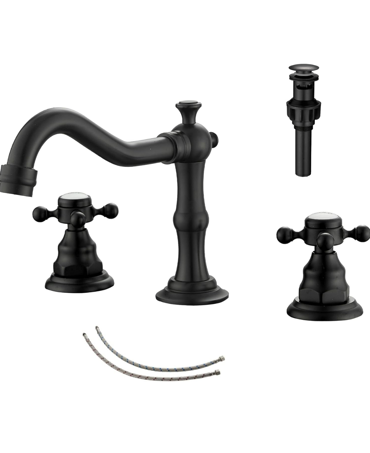 GGStudy Black Bathroom Faucet 2 Handles 3 Holes Faucet 8 inch Widespread Bathroom Sink Faucet Tap Mixer Supply Hose Included Matching Metal Pop Up Drain