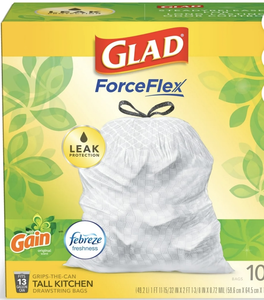 Glad ForceFlex Tall Kitchen Drawstring Trash Bags - 13 Gallon White Trash Bag, Gain Original scent with Febreze Freshness - 100 Count