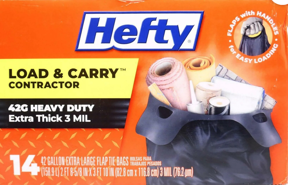 Hefty Load & Carry Heavy Duty Contractor Large Trash Bags, 42 Gallon, 14 Count