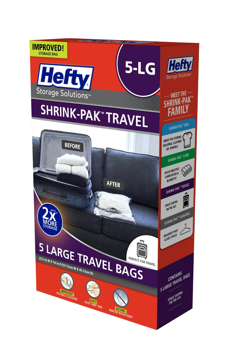 Hefty Shrink-Pak 5 Large Rolled Compression Travel Bags, Travel Organizer