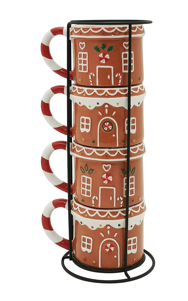 Holiday Time Gingerbread House Stackable Stoneware Mug with Metal Rack Set,  Multi Color