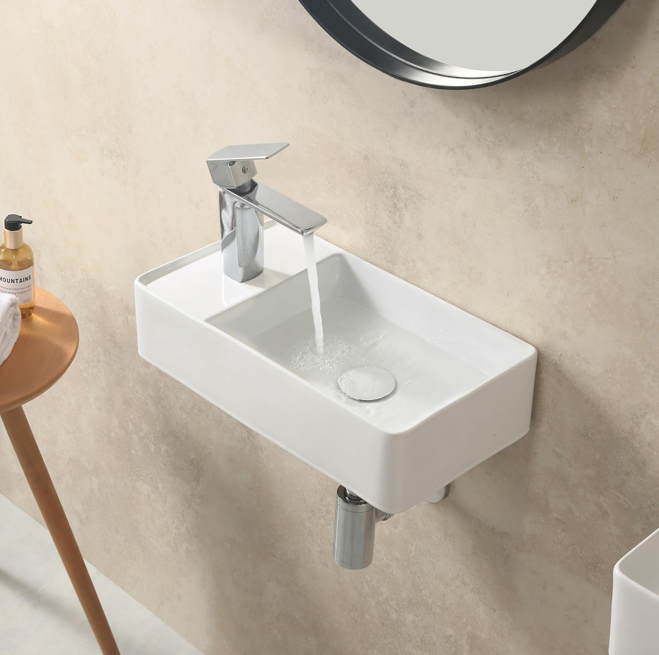 HOROW Small Vessel Sink with Pop Up Drain, 18" x10" Porcelain Ceramic Wall Mounted Bathroom Mini Sink for Tiny Bathroom (Left Hand)