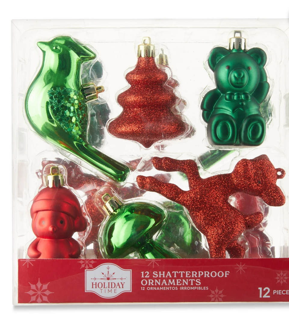 Icon-Shaped Shatterproof Christmas Ornaments, Red & Green, 12 Count, by Holiday Time