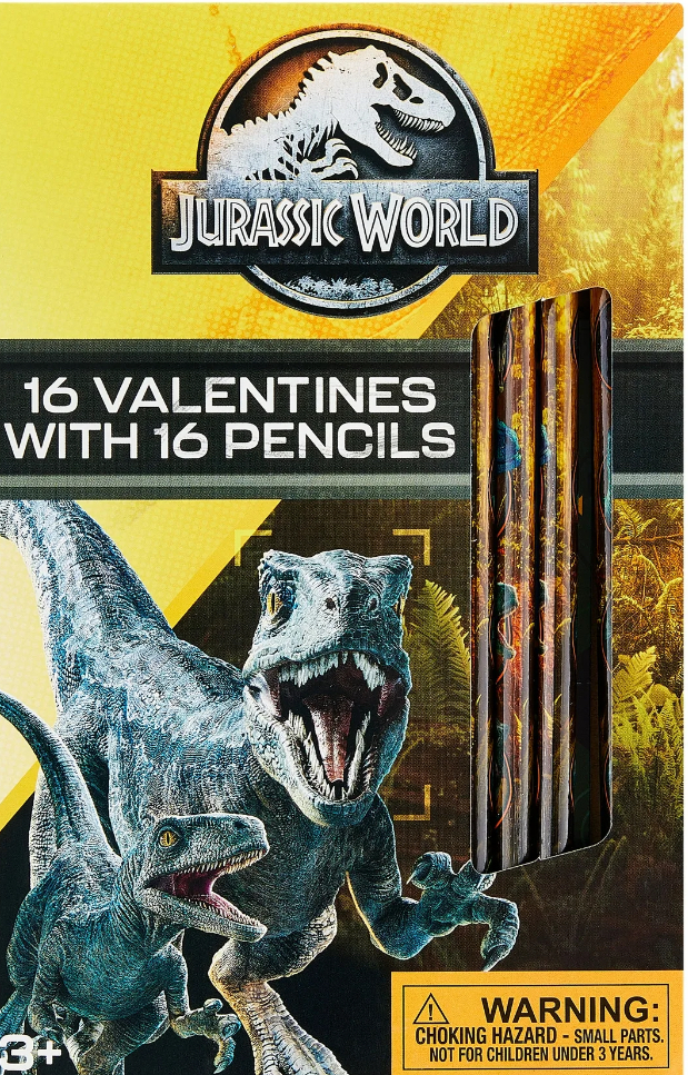 Jurassic World Valentine Cards with Pencils, Kiadie Greeting Cards, Valentine's Day, Paper, 16 Count