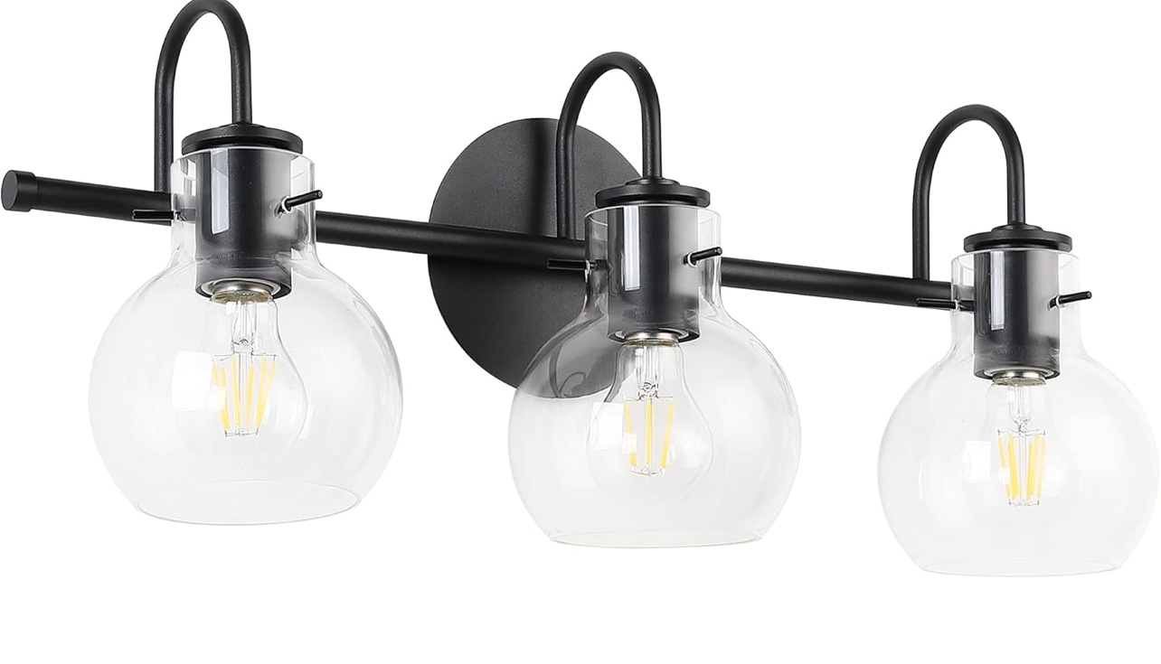 LALUZ Black Bathroom Vanity Light Fixtures, 3-Light Matte Black Farmhouse Vanity Lights for Bathroom with Clear Glass Globe, 22" Modern Bathroom Lighting Lights Over Mirror