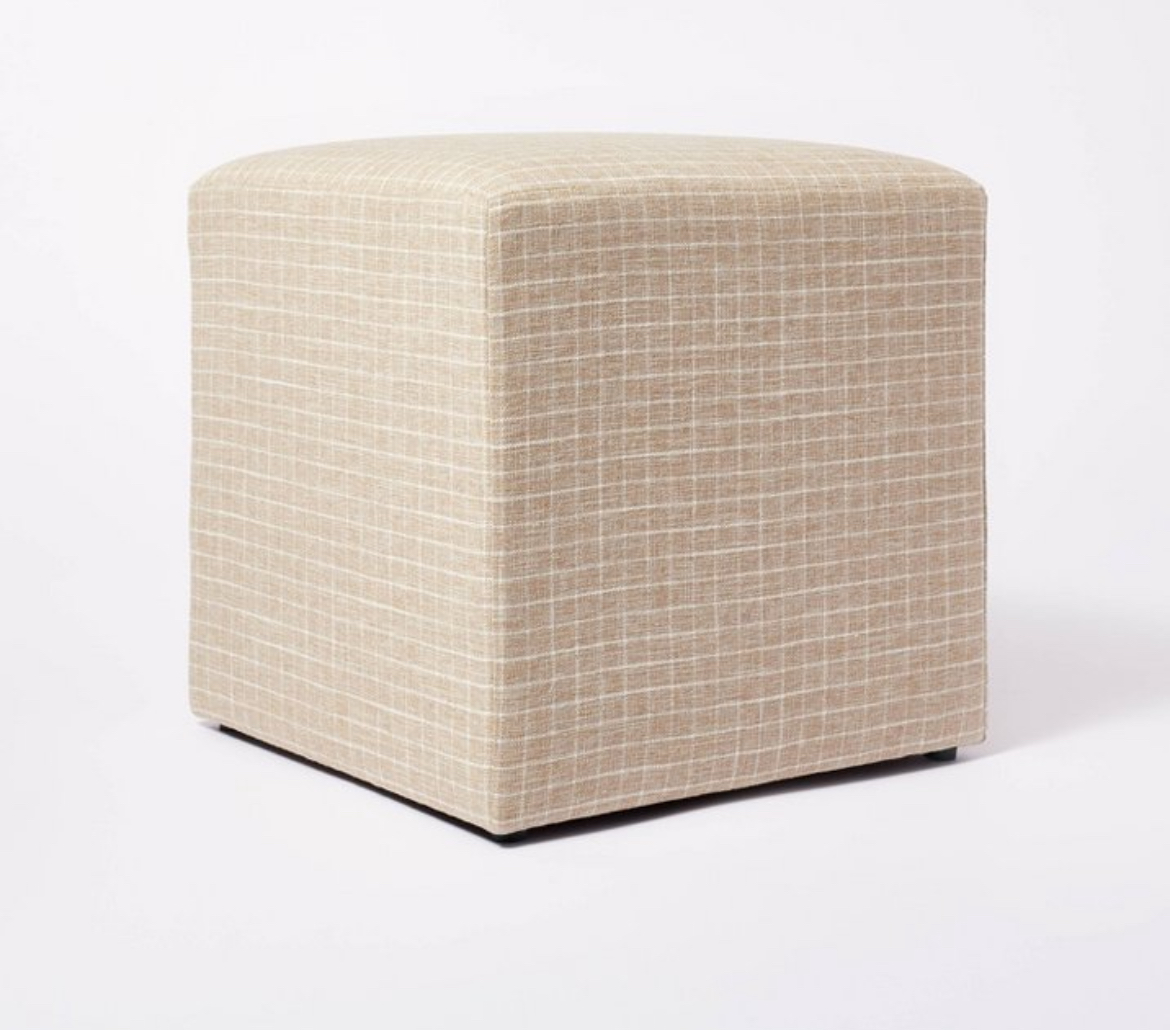 Lynwood Square Upholstered Cube Ottoman Light Brown Windowpane Plaid - Threshold™ designed with Studio McGee: Padded, No Assembly Required