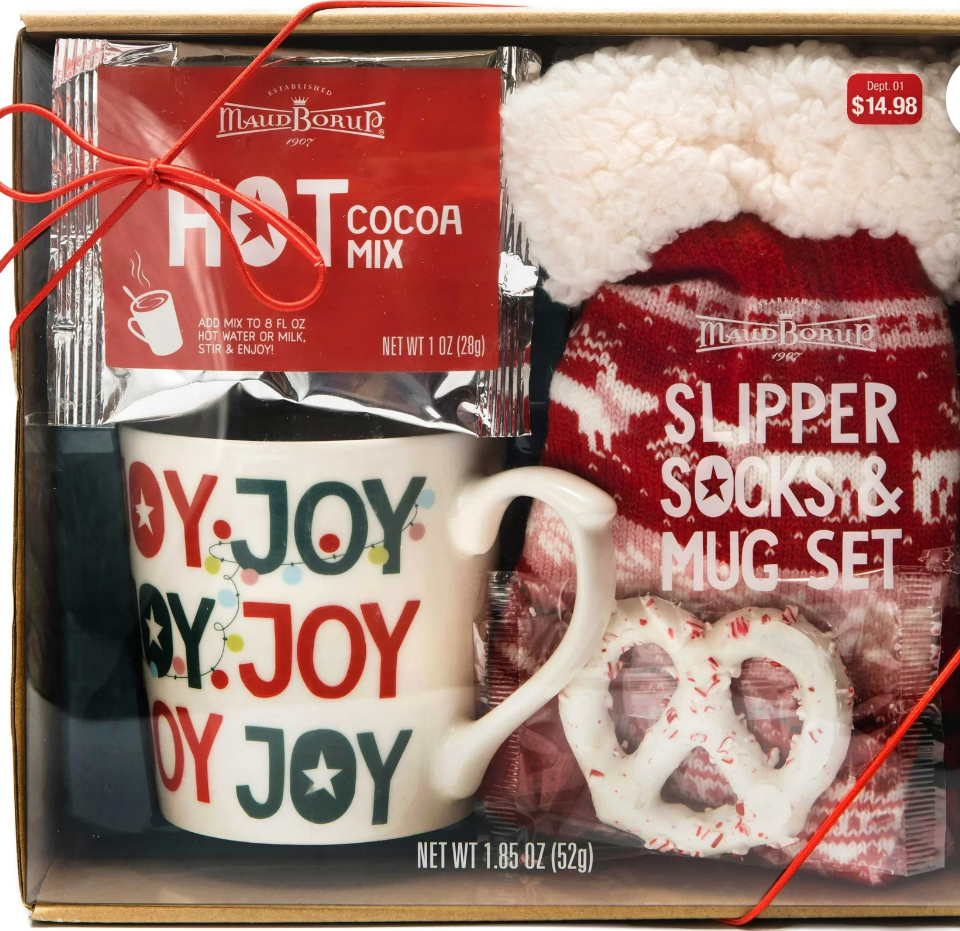 Maud Borup Slipper Socks & Mug Set with Hot Cocoa and Candy Cane Pretzel