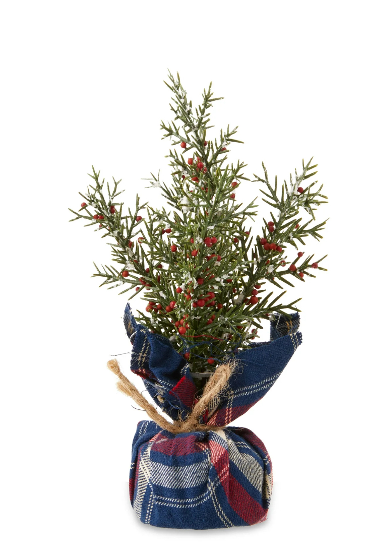 Mini Christmas Tree Decor with Blue & Red Plaid Base, 7 in, by Holiday Time