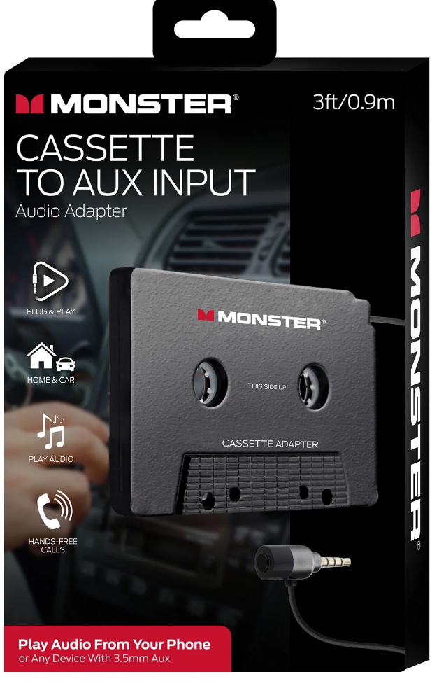 Monster Car Audio Cassette to 3.5mm Adapter, Great for Mobile, 3.5mm Cable, 3 Feet Long Equipped