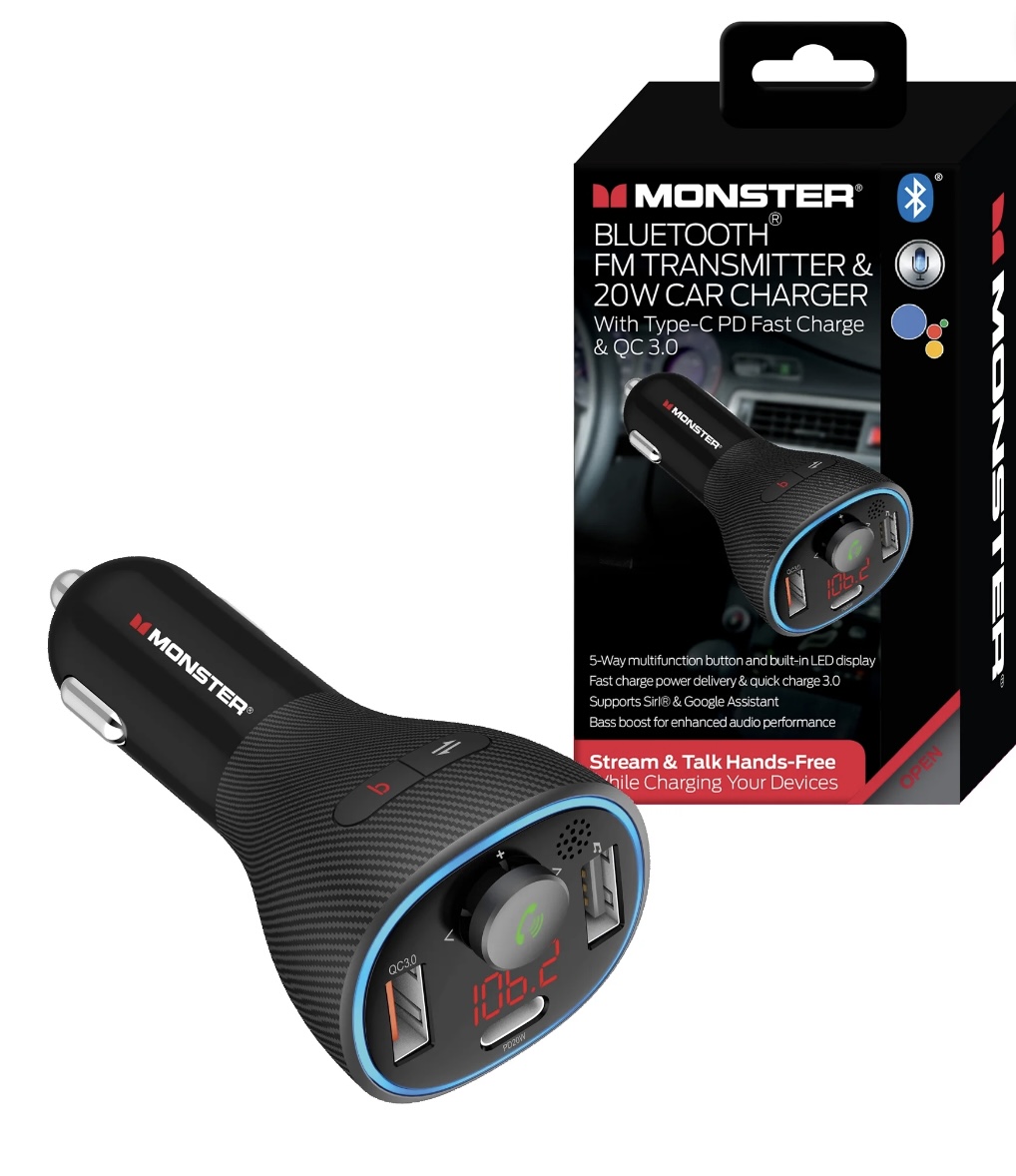 Monster Type-C USB-a FM Transmitter, Features Dual Charging, 4.75 x 2.15in, 0.25lb