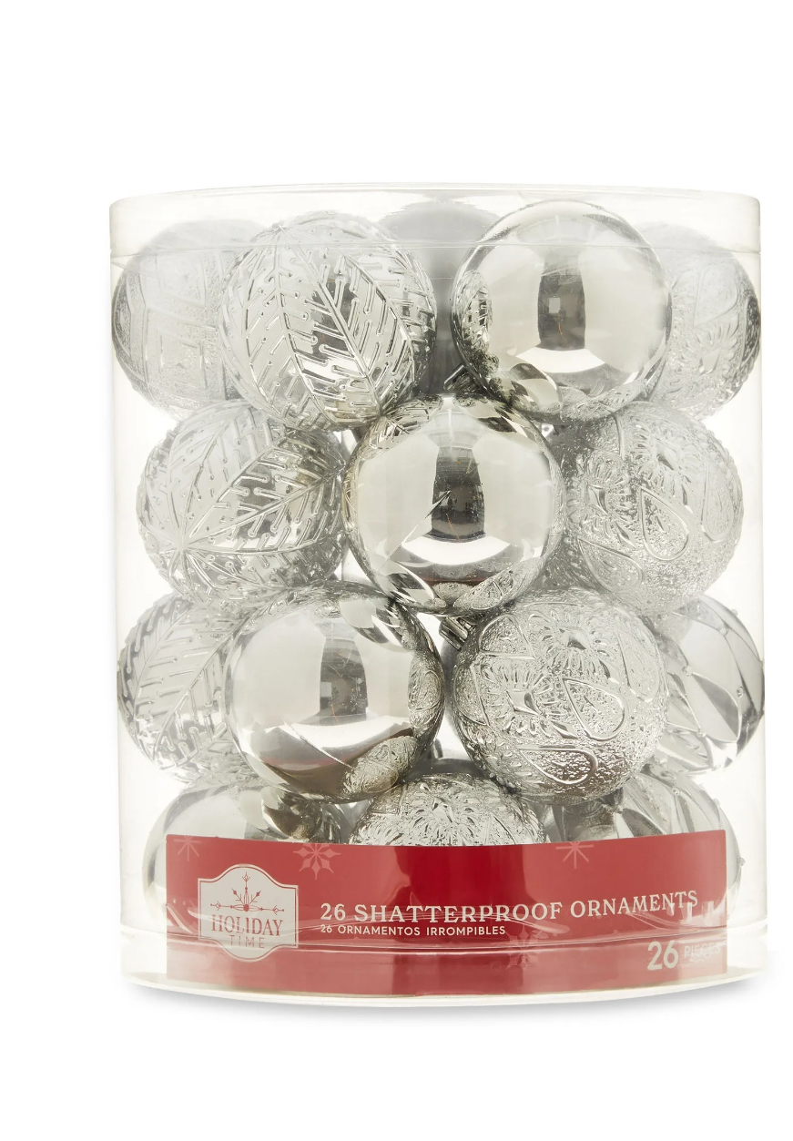 Multi-Textured Shatterproof Christmas Ornaments, Silver, 26 Count, by Holiday Time