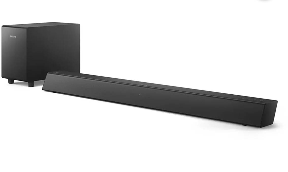 PHILIPS B5306 Sound Bar for TV,Surround Sound System with 2.1 Channel,Clear Sound with Subwoofer,Easy Setup with Roku TV Ready™,Preset Audio Mode,Remote Control,Multiple Connection,Slim Design,Black