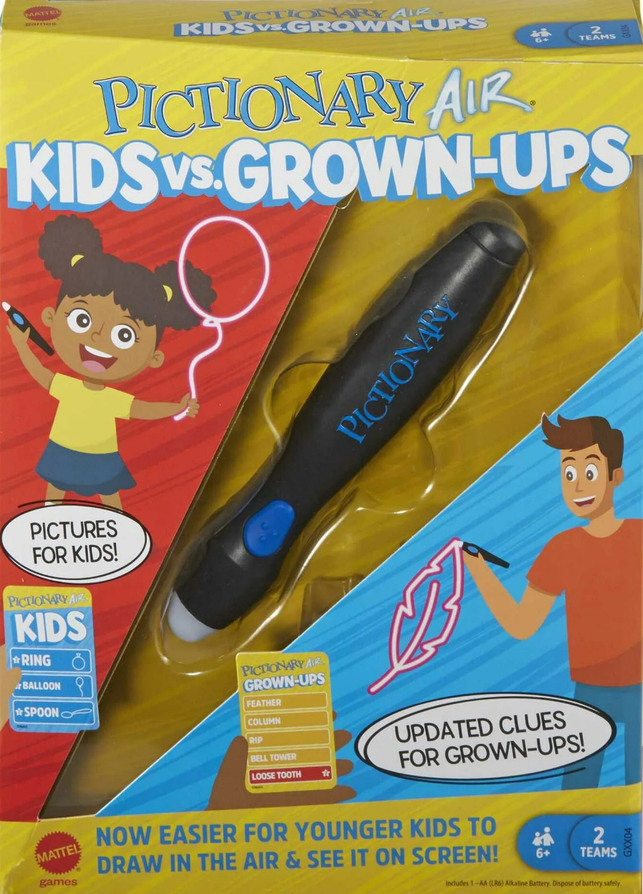 Pictionary Air Kids Vs. Grown-Ups Family Game for Game Night with Light Pen and Clue Cards