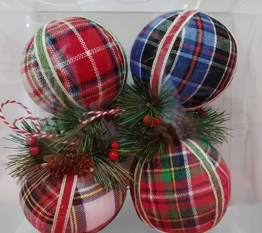 Plaid Fabric Ball Christmas Ornaments, 4 Pieces, 0.2lbs, by Holiday Time