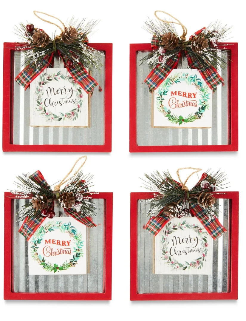 4-Count Metal Plaque Ornament, Home for Christmas, Red & Silver & Multi-Color, 0.3kg, by Holiday Time