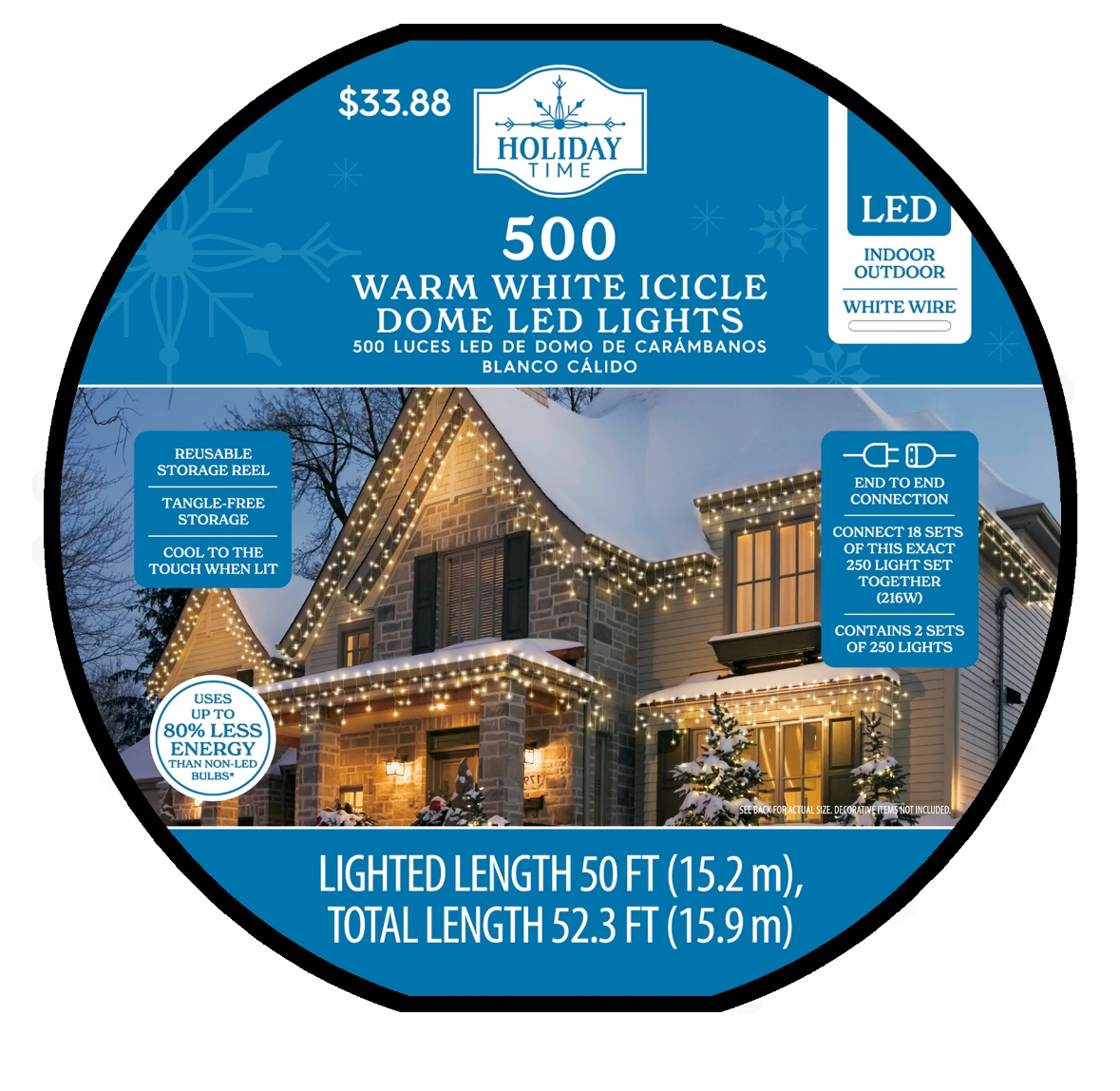 500-Count Warm White LED Dome Icicle Christmas Lights, 52.3', Holiday Time