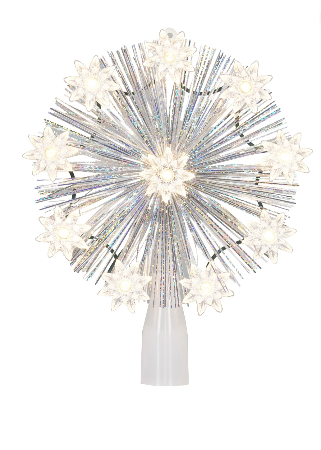 7" Incandescent Christmas Tree Topper, 9-Point White Tinsel Star, Holiday Time