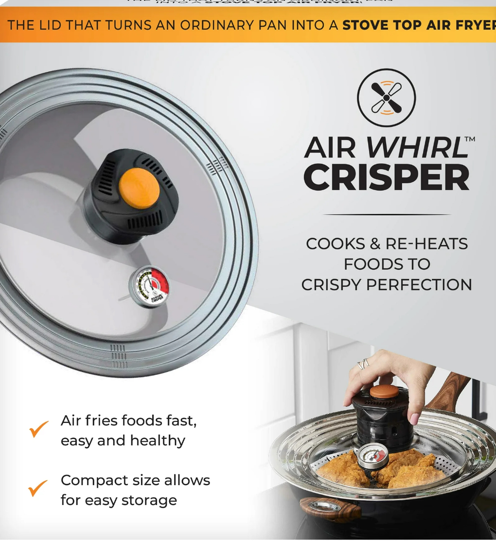 Air Whirl Crisper New Air Fryer Lid for Pots & Pan, Capacity Fits 10 to 12 inch, Silver
