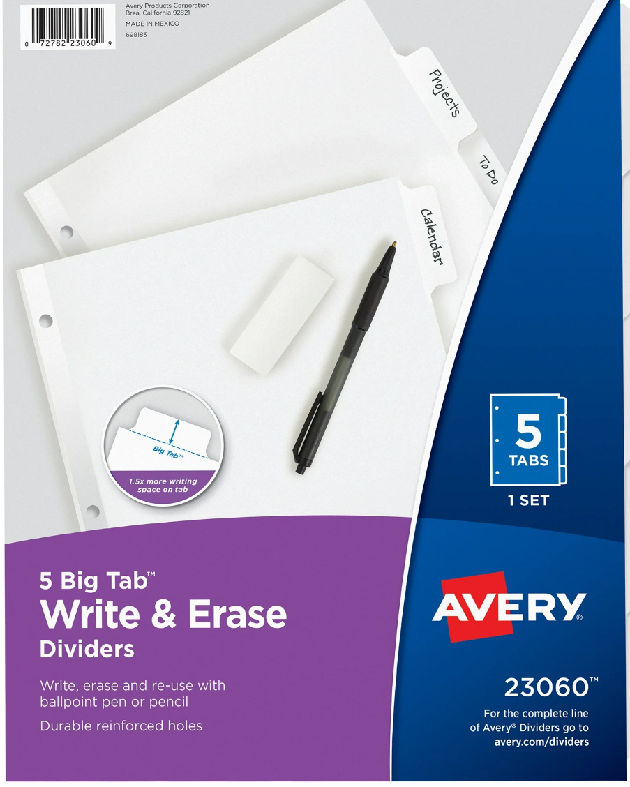 Avery Big Tab Write & Erase Dividers, 5-Tab, White, Paper, 1 Set (23060)