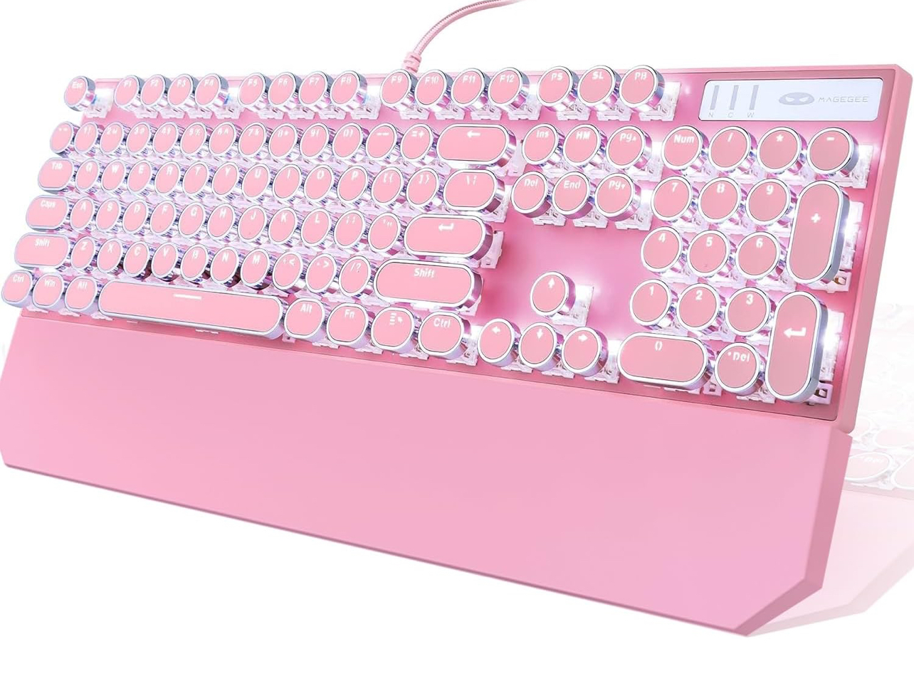 Camiysn Typewriter Style Mechanical Gaming Keyboard, Pink Retro Punk Gaming Keyboard with White Backlit, 104 Keys Blue Switch Wired Cute Keyboard, Round Keycaps for Windows/Mac/PC