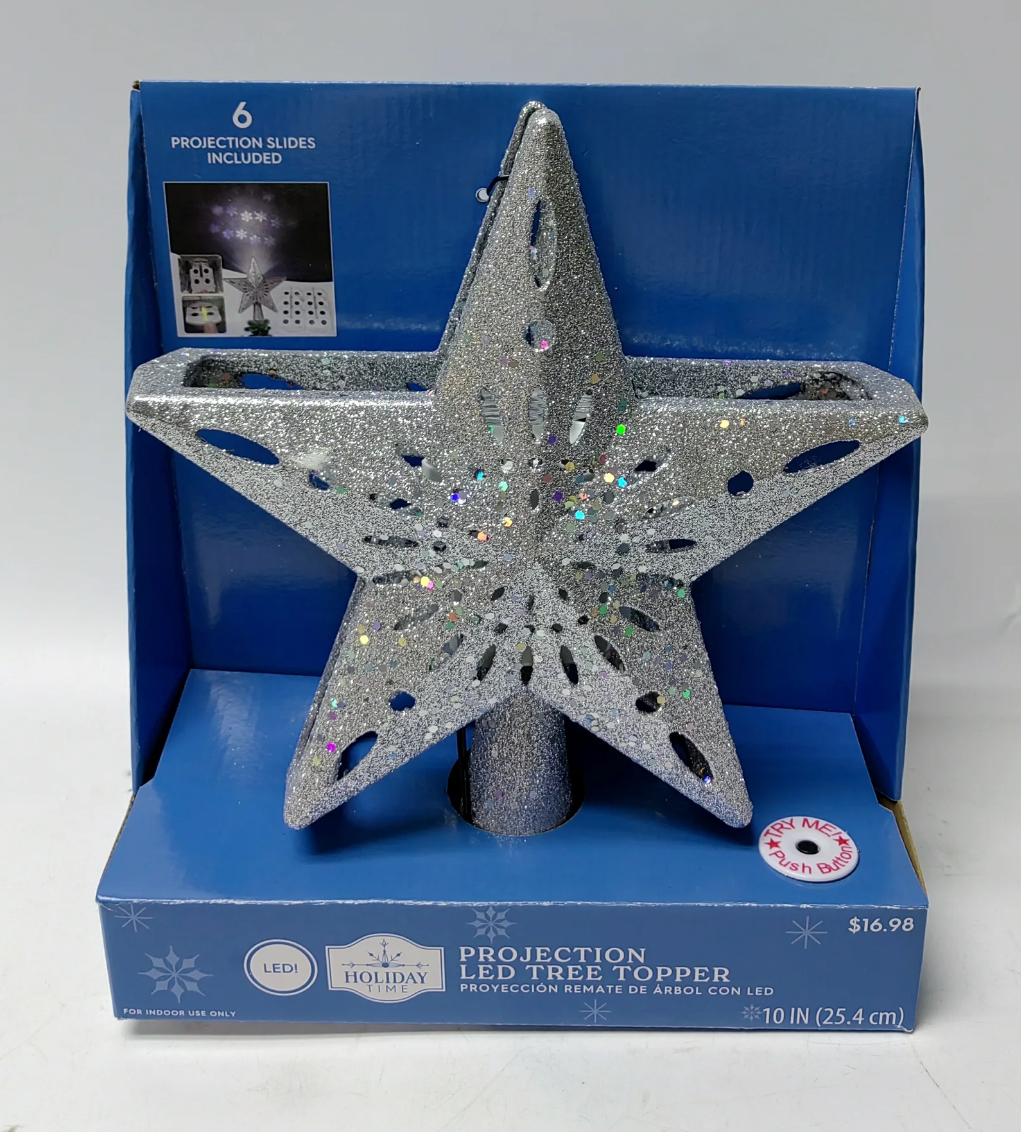 Christmas Tree Topper Lighted with 6 Projection Modes, Christmas Star Tree Topper Built-in LED Rotating Lights, Silver 3D Glitter Dynamic Projection for Christmas Tree Decorations - Silver