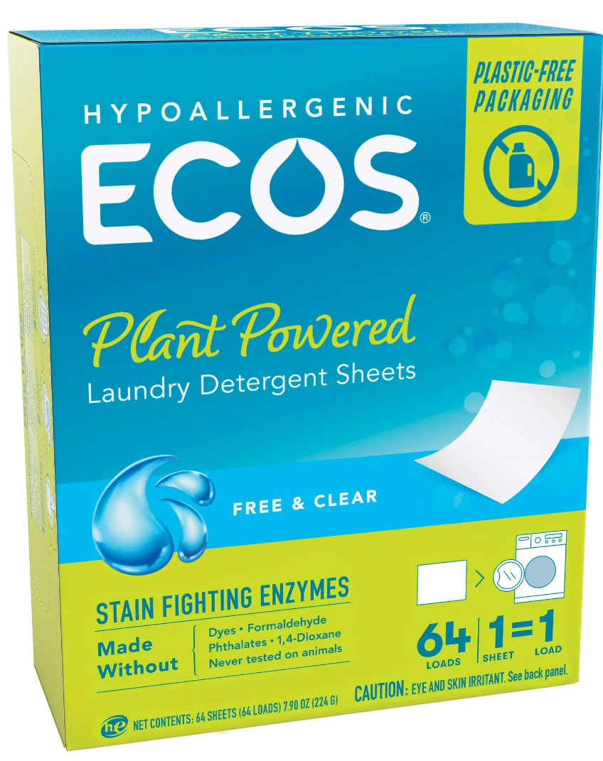 ECOS Laundry Detergent Sheets with Stain Fighting Enzymes, Free & Clear, 64 ct