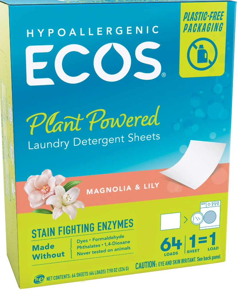 ECOS Laundry Detergent Sheets with Stain Fighting Enzymes, Magnolia & Lily, 64 ct