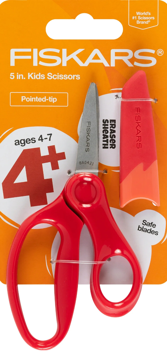 Fiskars Kids Scissors, 5", Pointed, School Supplies for Kids 4+, Red