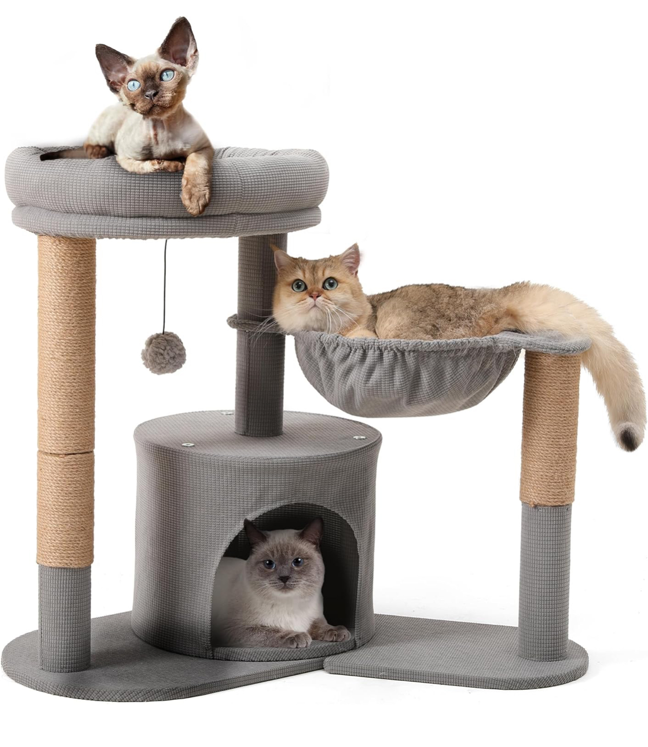 FUKUMARU 26" Cat Scratching Post, 4 in 1 Small Cat Tree with Rotatable Hammock, Cat Tower with Bed and Cave, Modern Cat Condo Climber Stand Playhouse for Indoor Kittens, Grey